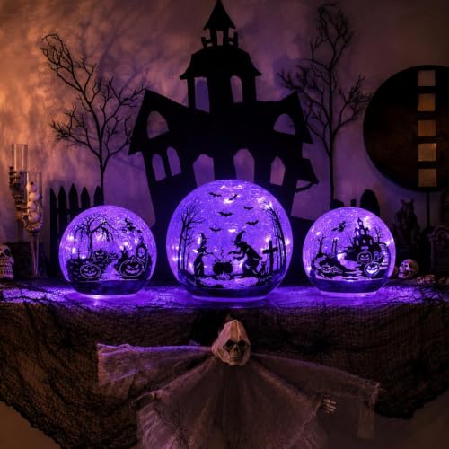 Halloween Glass Ball Decor Set - 3 Pack Purple LED Globes with Timer - Witch, Pumpkin & Bat Scenes