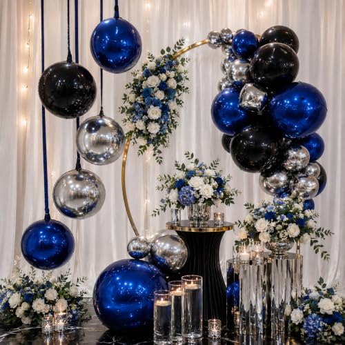 Navy Blue Black Silver 22 Inch Round Foil Balloons - 6 Pack, Giant 4D Party Decor