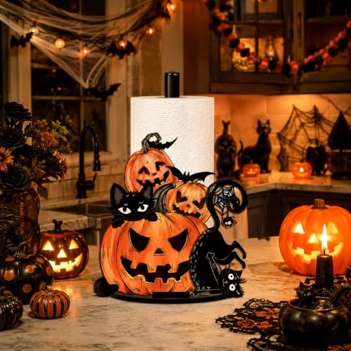 Halloween Paper Towel Holder with Black Cat & Pumpkin Design - 12 Inch Fall Decor