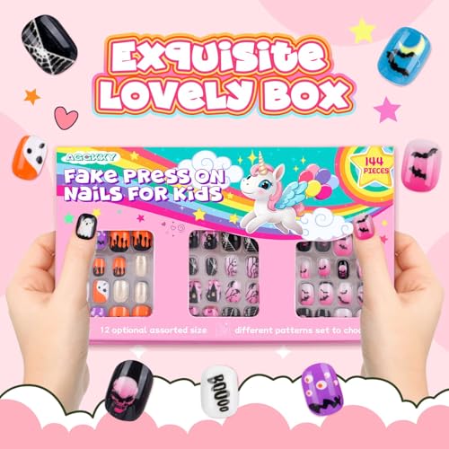 Kids Press On Nails Set with Halloween Pattern - 144 Fake Nail Tips for Girls, Short & Full Cover