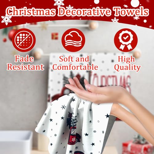 Christmas Hand Towel Set of 2 - Red Truck & Tree Design, 18x26 Inch Holiday Decor