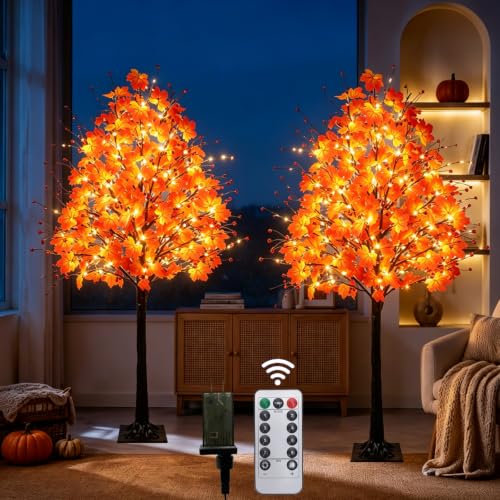 VirtuGro 2 Pack 5FT Lighted Maple Trees with 220LEDs, Remote & Timer - Fall Decor