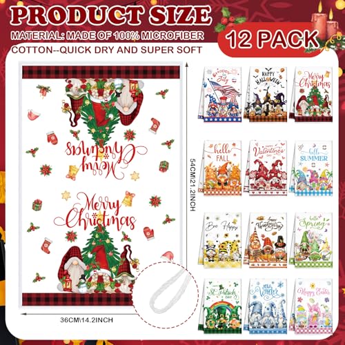 Seasonal Kitchen Towels Set - 12 Bright Gnome Designs for All Holidays