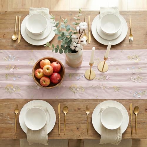 3-Piece Light Pink Floral Gauze Embroidery Table Runner Set - 28 x 120 Inches