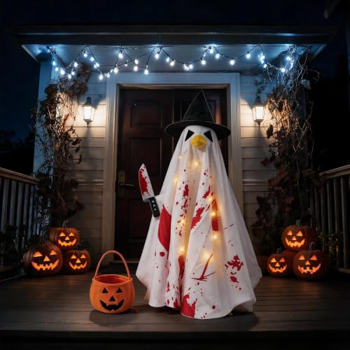 Halloween Porch Goose Costume Set with String Lights - Ghost Variation for 23 Inch Outdoor Decor
