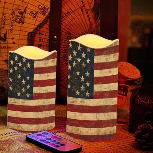 Retro American Flag Flameless Candles Set with Remote & Timer - Color Changing LED Pillars