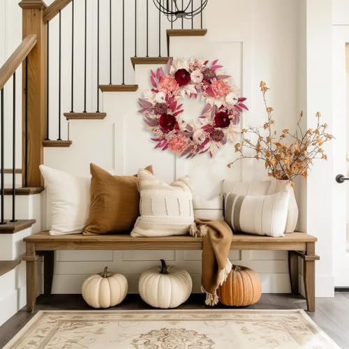 Artificial Fall Wreath with Velvet Pumpkins & Pink Maple Leaves - Red 26 Inch
