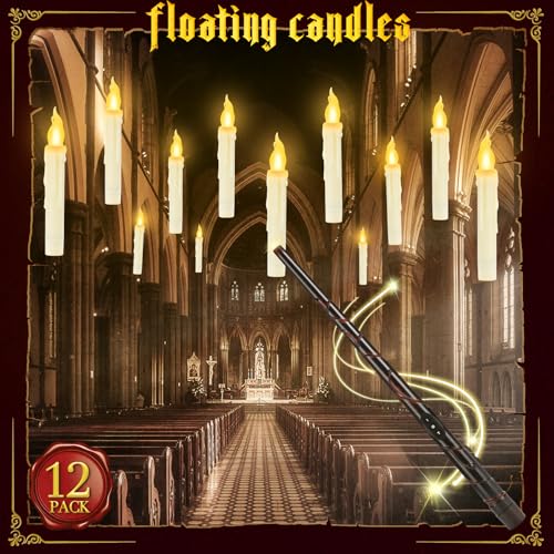 Floating Flameless Candles with Wand Control - Halloween Witch Decor, 12 Pack