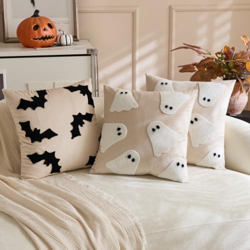 MAZSHTTD Halloween Pillow Covers 20x20 Inch Set of 2 Embroidered Ghost Decor Beige