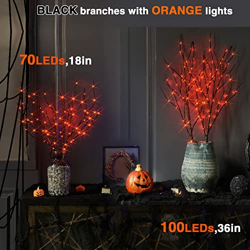Halloween Lighted Branches with Timer - 100 LED Orange Fairy Lights - Black Tree Branches 32 Inch - Battery Operated - Variation of 100LEDs Orange Branches