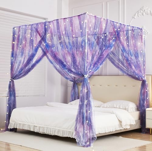 Twin Purple Ombre Tie Dye Canopy Bed Curtains with Lights for Girls Room Decor