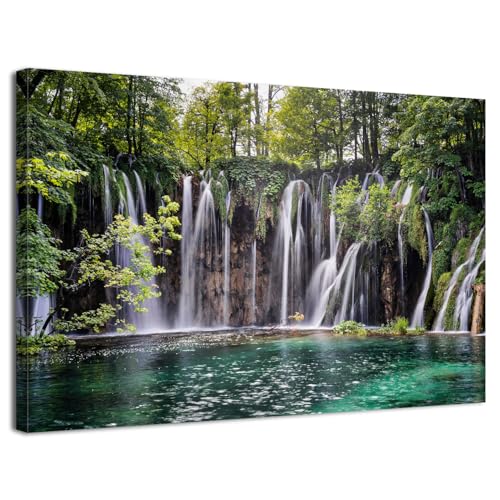 Waterfall Canvas Wall Art - Green Forest Landscape, 16x24 Inches - Living Room Decor