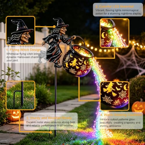 Outdoor Witch Cauldron Halloween Garden Light with Cascading Rainbow LEDs