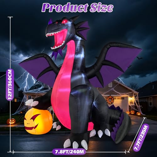 Purple 12FT Halloween Inflatable Dragon with Pumpkin Outdoor Decoration