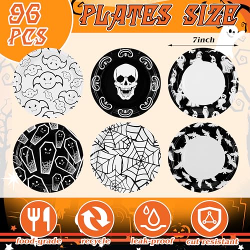 Halloween Skeleton Paper Plates 7 Inch Black White Set of 96 - Variation of Black/White/Halloween