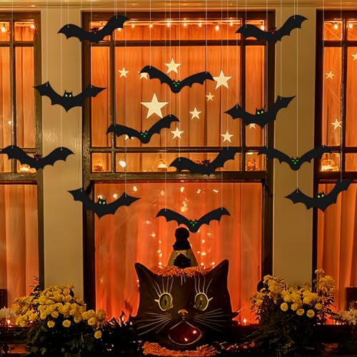 Halloween Hanging Bat Decorations with Glowing Eyes - 12PCS Outdoor Indoor Decor