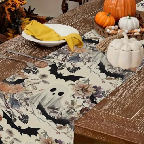 Halloween Ghost Pumpkin Bat Table Runner - Style 01, 13x72 Inch Seasonal Linen Decor