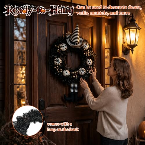 Halloween Wreath with Striped Hat and Legs - 22 Inch Gothic Front Door Decor (Variation: Hat Legs / 22")
