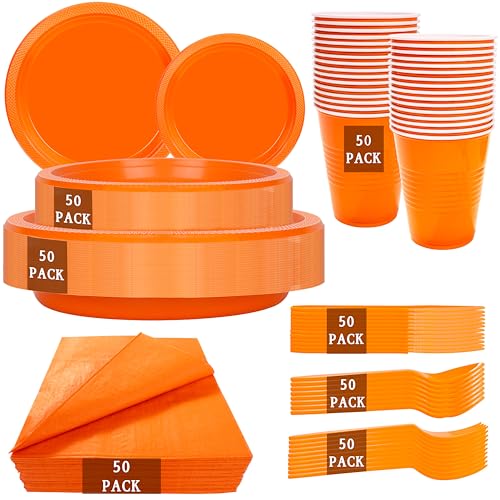 Orange Disposable Plastic Plates Set - 350 Pieces for Parties & Events