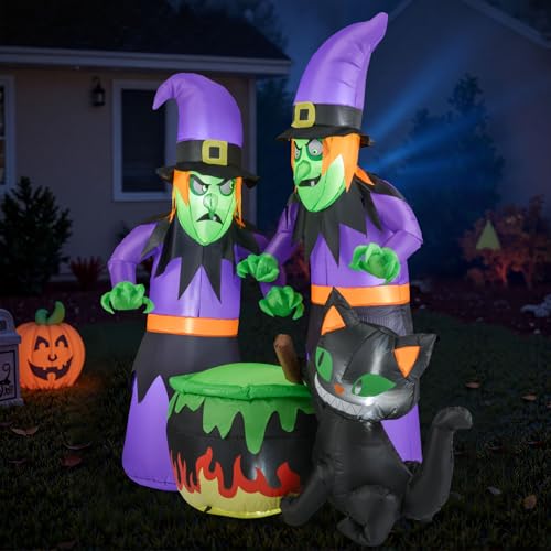 6 Ft Inflatable Halloween Witches & Black Cat Scene with LED Lights, Ground Stakes - Indoor & Outdoor Yard Decor