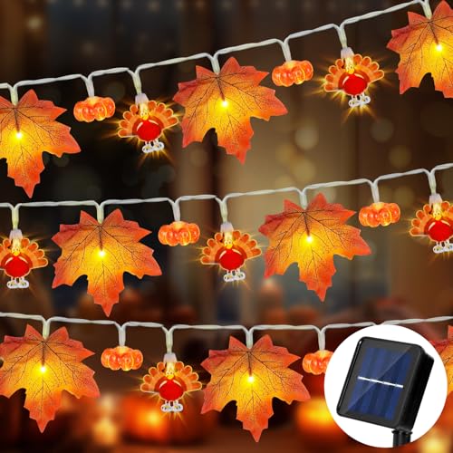 Solar Thanksgiving Garland with Enlarge Turkey & Pumpkin Lights - Waterproof 20Ft Decor