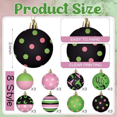 24 Pcs Witch Christmas Tree Ornaments - Pink & Green Holiday Baubles - Witch Themed Xmas Decor - Variation of THIS listing