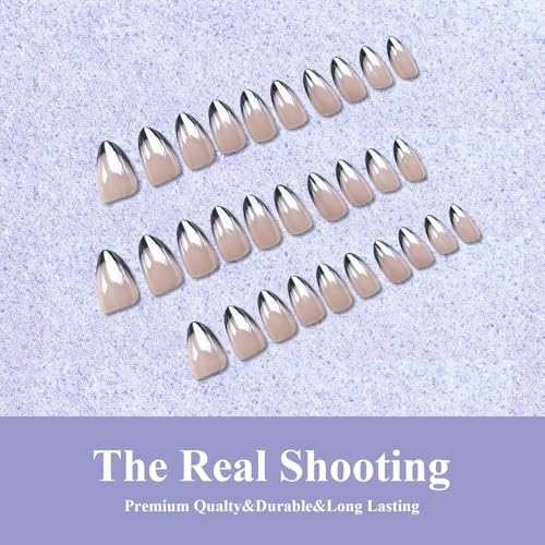 Black French Tip Press On Nails Short Almond Chrome Sparkle Set - Reusable 30 Pcs