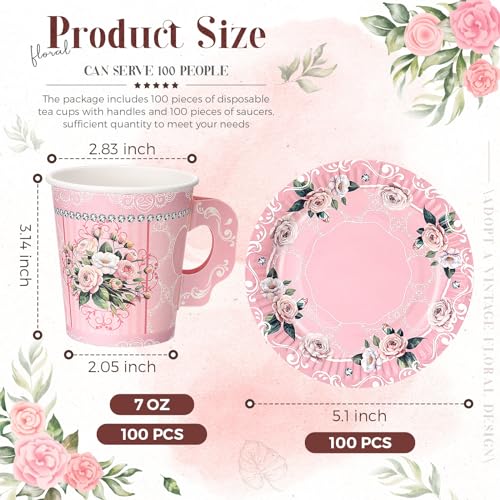 Pink Floral Paper Tea Cups and Saucers Set - 7 oz Disposable Party Drinkware