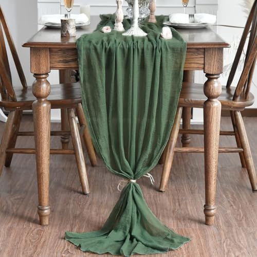 120 Inch 3-Piece Forest Green Gauze Wedding Table Runner - Boho Home Decor