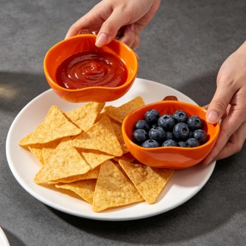 Orange Pumpkin Ceramic Dipping Bowl Set - 6 Mini Leaf-Shaped Sauces 1.6OZ