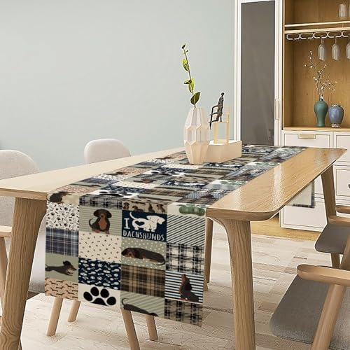 Dachshund Pattern Table Runner - Grey & Blue-Brown Plaid Dog Decor, 13x36in