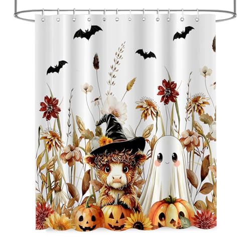 Halloween Ghost Highland Cow Shower Curtain - Colorful 72x72 Inches