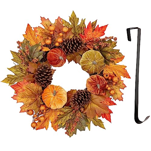 Fall Wreath 16 Inch Autumn Velvet Pumpkin Maple Leaves Front Door Decor - Briful