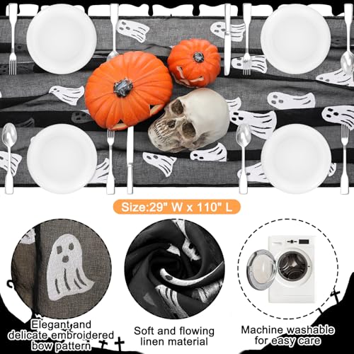 Halloween Ghost Embroidery Tulle Table Runner - Black Ghost, 9.2 Ft