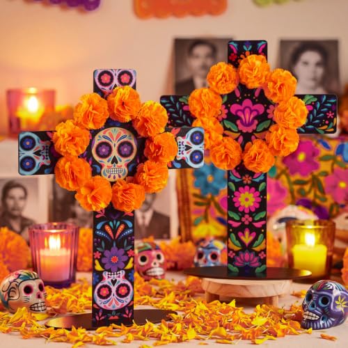 Day of the Dead Table Decor Set - Marigold & Sugar Skull Wooden Crosses, 2 Pieces