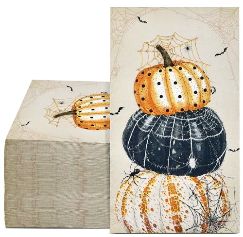 Halloween Guest Napkins Set - 100 Assorted Pumpkin, Bat & Web Designs, Disposable Party Tableware