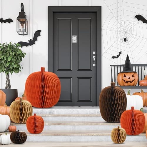 7 Pcs Fall Pumpkin Honeycomb Centerpieces - 3D Paper Decorations for Autumn & Halloween