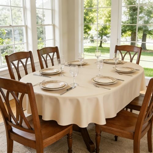 Beige Oval Tablecloth 60x84 Inch - Washable Linen Look, 2 Pack