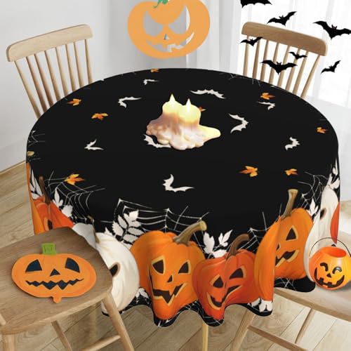 Halloween Round Tablecloth 60x60 Inch Pumpkin Ghost Holiday Decor - Black