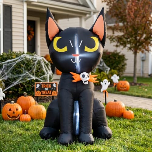 Inflatable Black Cat Halloween Decoration with LED Lights & Skeleton Badge - 4ft