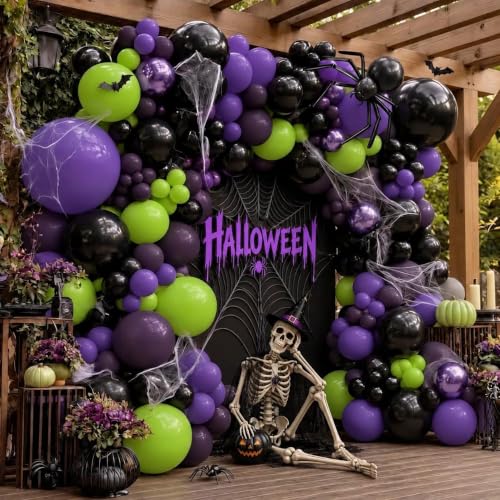 Black Purple Green Balloon Arch Kit for Halloween and Parties - Double Stuffed Latex Balloons