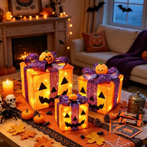 Lighted Halloween Pumpkin Decorations Gift Box 3 Pack with 8 Modes & Timer