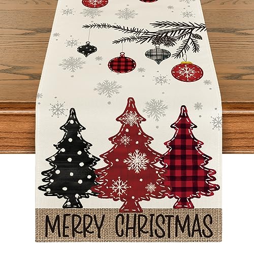 Christmas Table Runner & 6 Place Mats Set - Red Pine Trees Holiday Decor