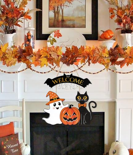 Halloween Door Hanging Sign Ghost Black Cat Pumpkin Welcome - White & Black