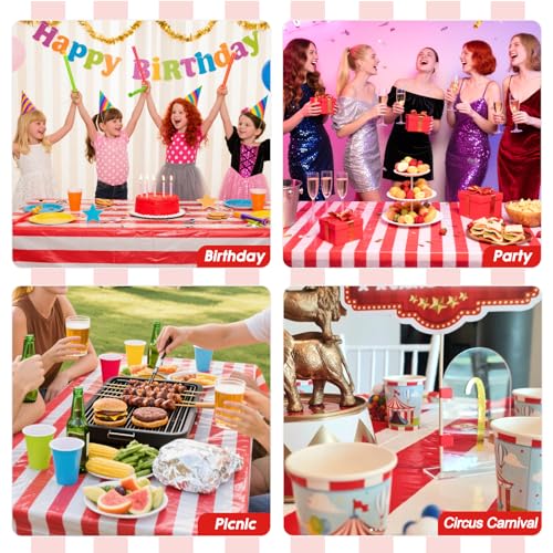 Red and White Striped Plastic Tablecloth 54x108 Inch - 3 Pack, Waterproof & Disposable - Horizontal Red Stripe