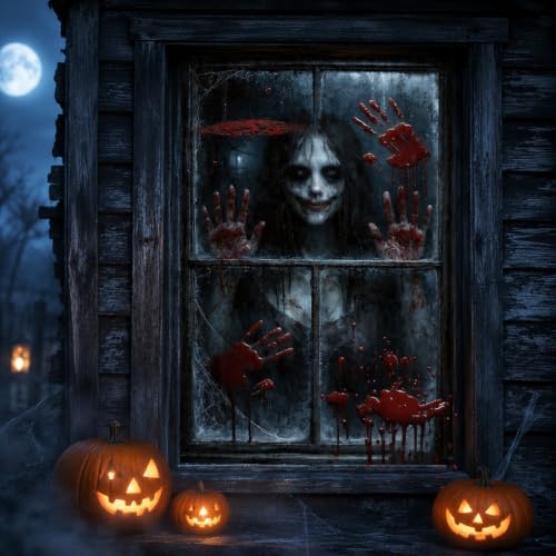 Halloween Window Cover - Spooky Horror Ghost & Blood Handprints Decoration 31.5x47.2"