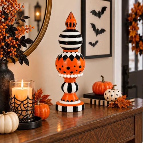 15-Inch Orange Black and White Checkered Halloween Table Decor - Pumpkin Accent, Farmhouse Style