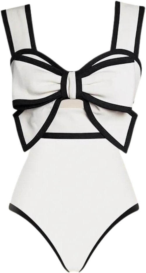 FLAXMAKER One-Piece Swimsuit - Stylish Black and White Design with Bow-Tie Detail