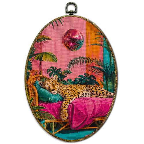 Pink Leopard Wall Art - Retro Botanical Canvas Prints 11x8.5 Inches
