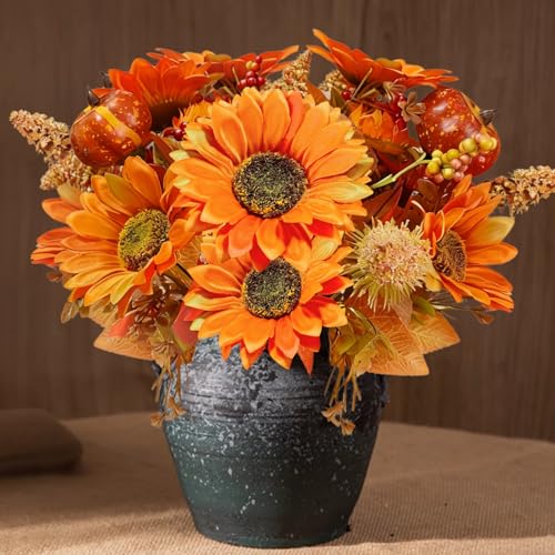 Artificial Fall Sunflower Bouquet with Pumpkin and Pinecones - 2 Pack, Outdoor & Indoor Decor